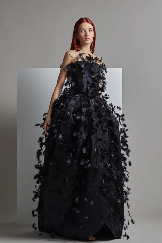 Fully feathered strapless ball gown