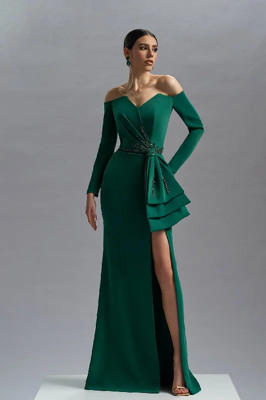 Green crepe gown with embroidery