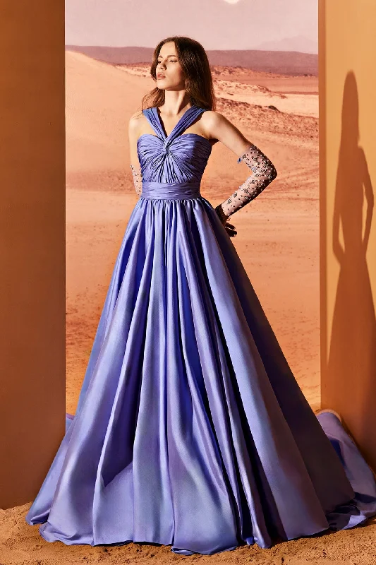 Halter neck taffeta dress with pleats