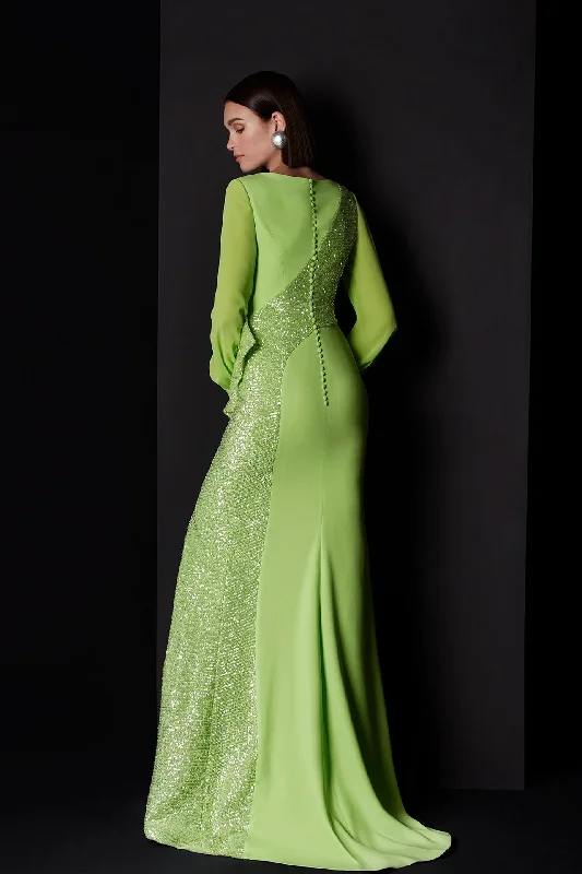 High slit crepe dress with beaded sequins