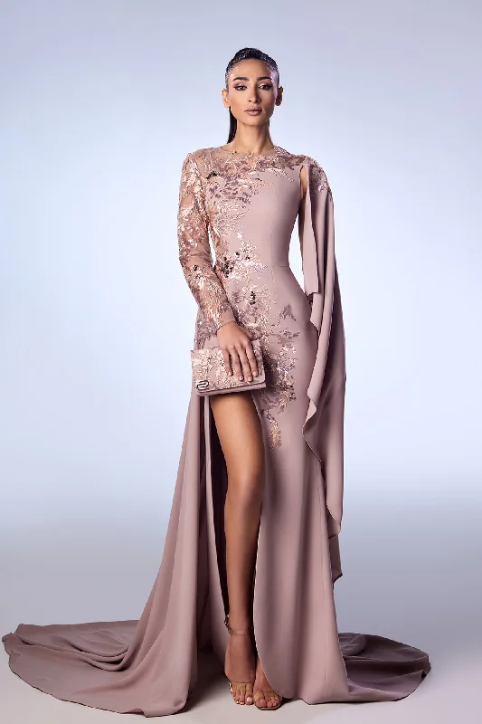 High slit crepe gown with embroidery