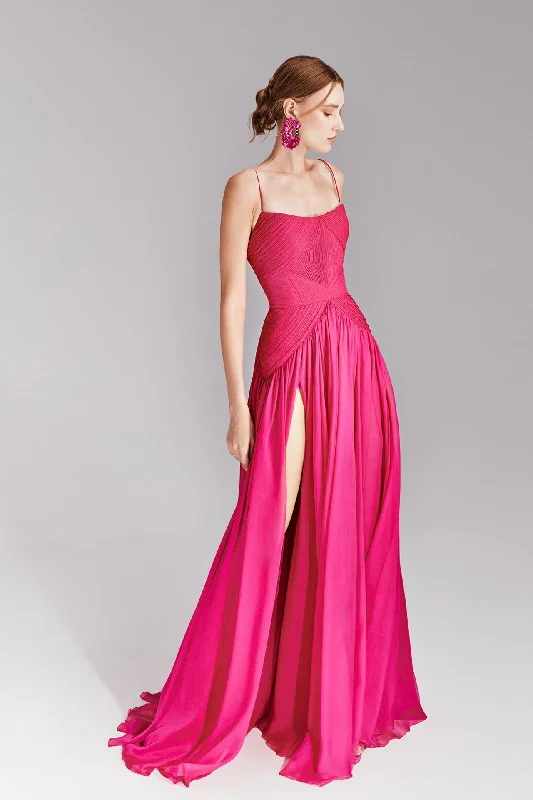High slit draped chiffon dress
