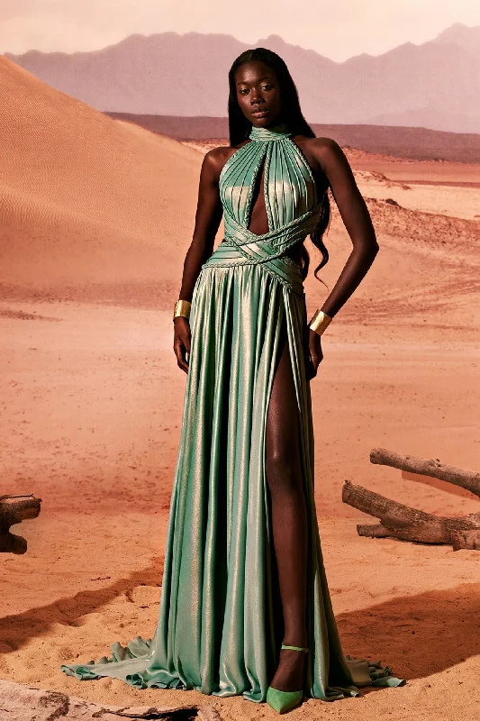 High slit jersey dress iwth pleats