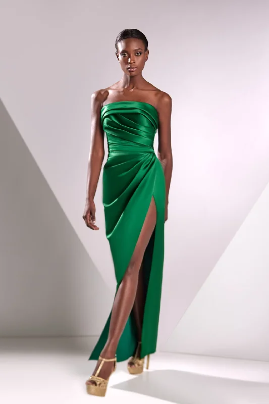 High slit satin dress with pleats