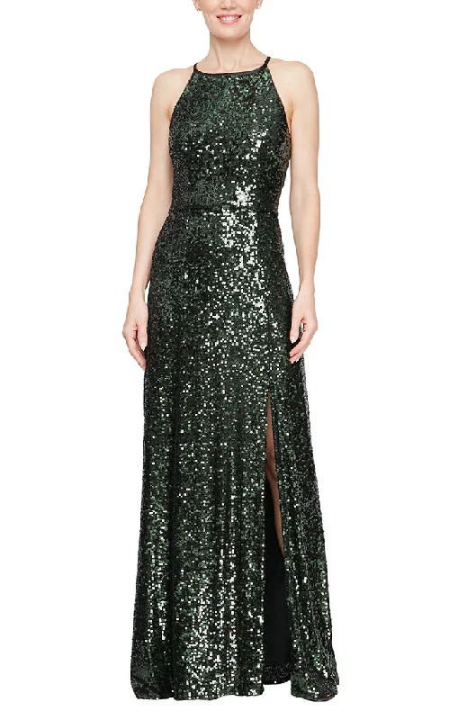 Long Sequin Gown with Halter Neckline and Front Slit