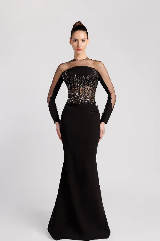 Illusion bodice mermaid crepe dress