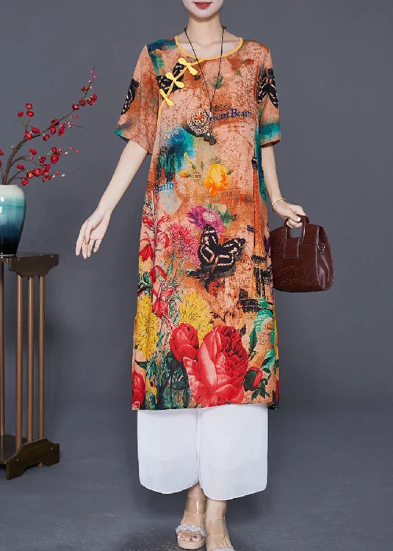 Italian Khaki Print Chinese Button Silk A Line Dress Summer