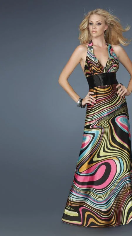 La Femme - 14369 Long Haltered Gown in Optical Multi-color Print