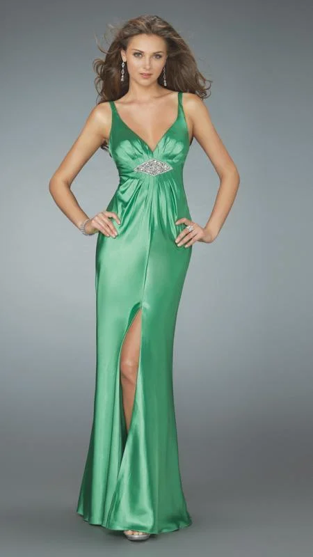 La Femme - 14600 Resplendent Halter-Style Sheath Gown with Center Slit