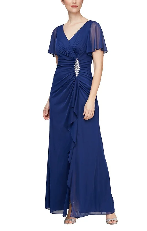 Long Surplice Neckline Mesh Dress with Flutter Sleeves, Embellishment at Hip and Cascade Skirt Detail