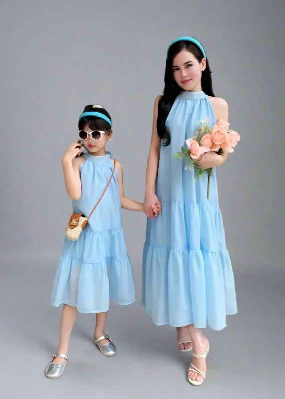 Mommy and Me Matching Light Blue Halter Neck Tiered Dresses