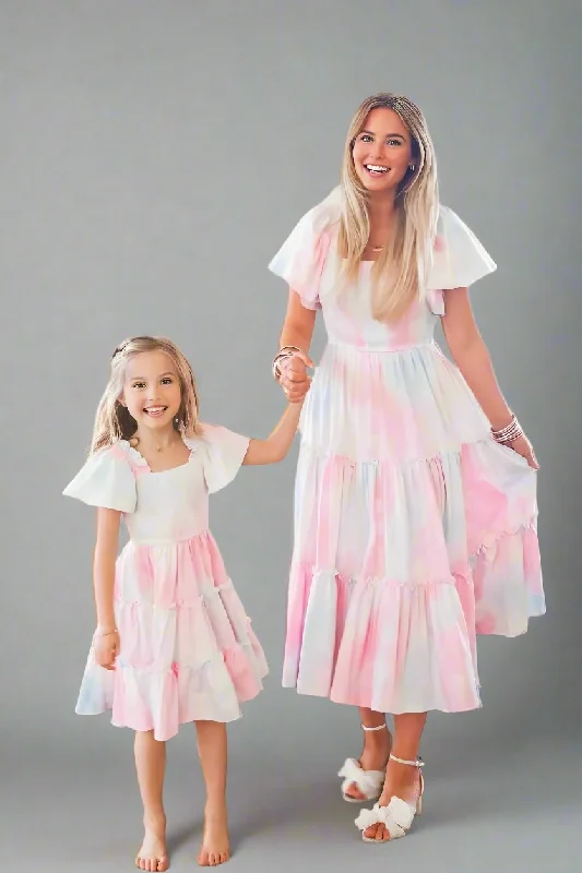 Matching Mommy & Me Pastel Tie-Dye Ruffle Dresses – Flutter Sleeve Smocked Set
