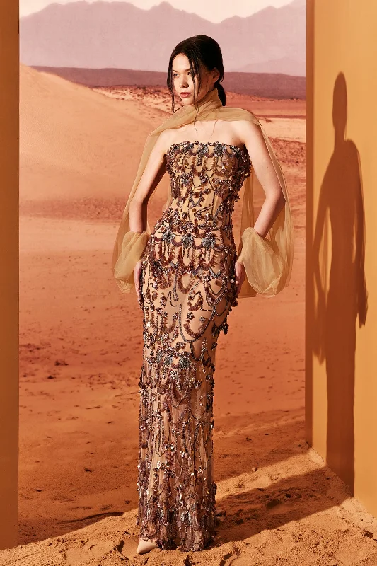 Open sleeves fully embroidered gown