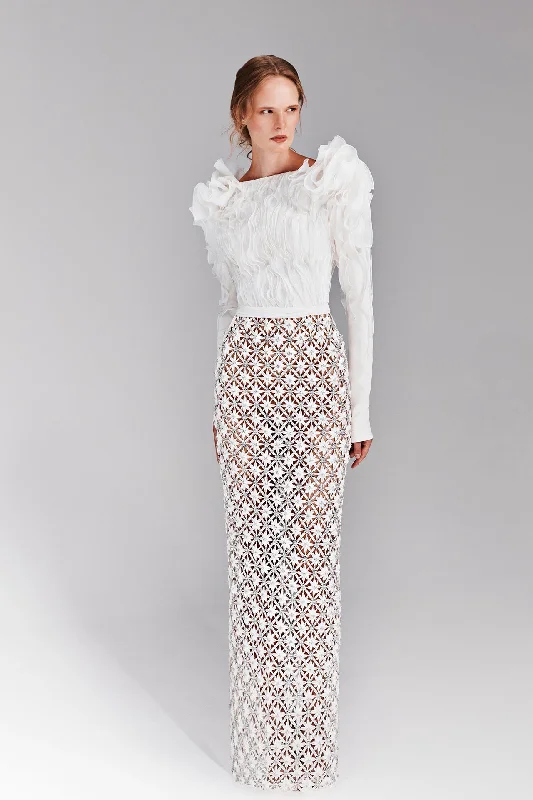 Organza and embroidery mix long sleeevs dress