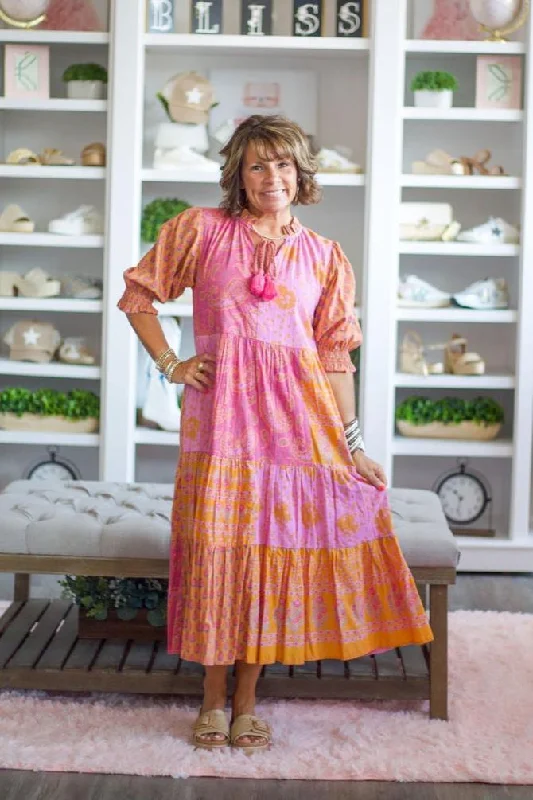 Pink Tassel Tie Tiered Print Dress