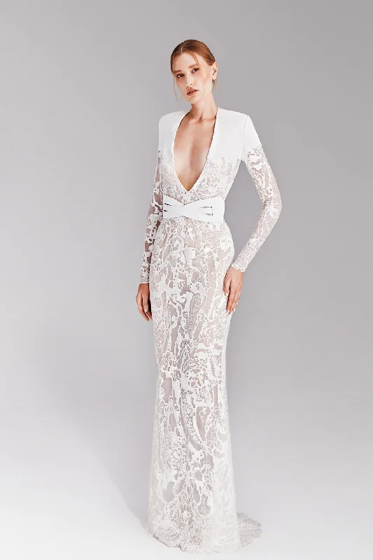 Plunging neckline fully embroidered gown