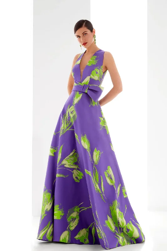 Plunging neckline printed mikado dress