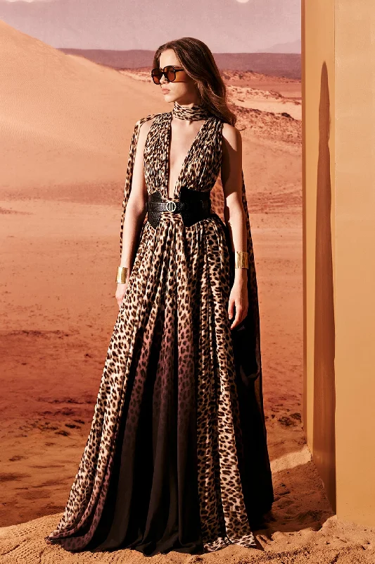 Plunging neckline printed organza dress