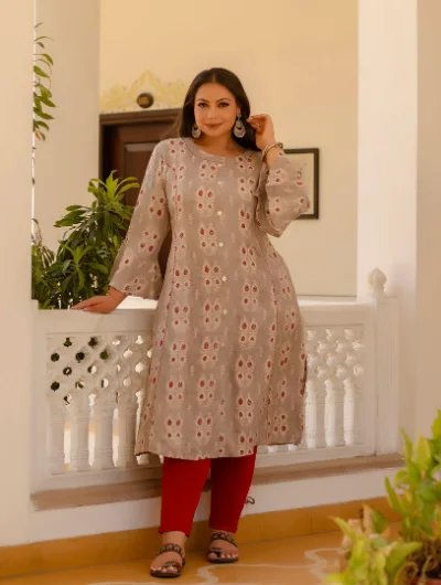 Plus size Beige Red Cotton Printed Kurti Gown
