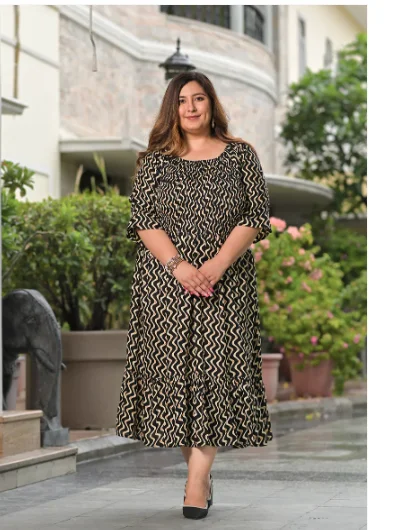 Plus size Black Cream Cotton Printed Kurti Gown