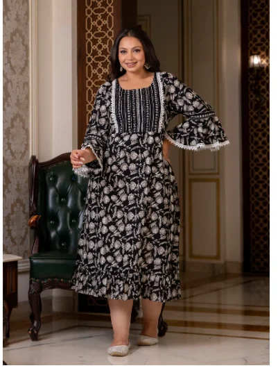 Plus size Black Lacework Cotton Printed Kurti Gown