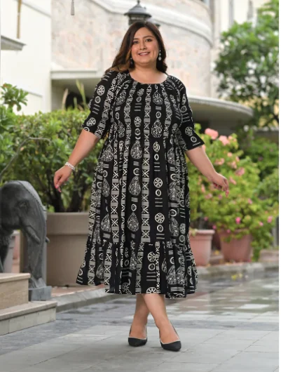 Plus size Black White Cotton Printed Kurti Gown