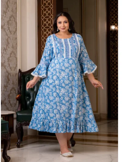 Plus size Blue Lacework Cotton Printed Kurti Gown