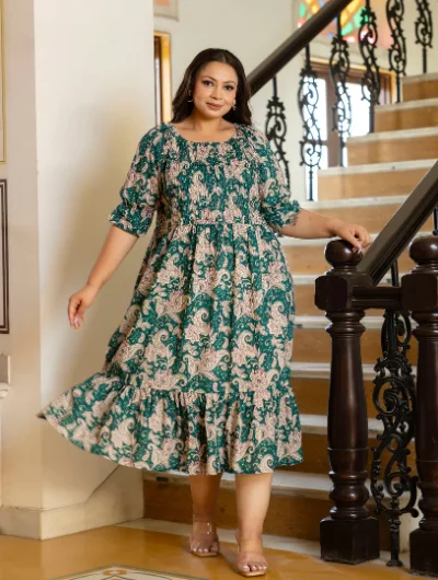 Plus size Green Cotton Printed Kurti Gown