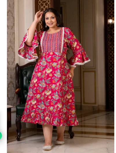 Plus size Pink Cotton Printed Kurti Gown