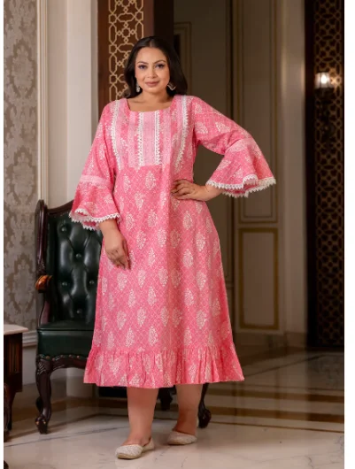 Plus size Pink Lacework Cotton Printed Kurti Gown