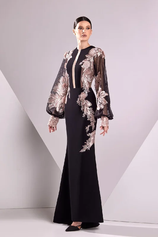 Puff sleeves embroidered crepe dress
