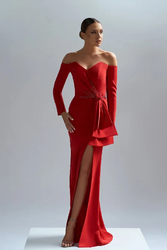 Red crepe gown with embroidery