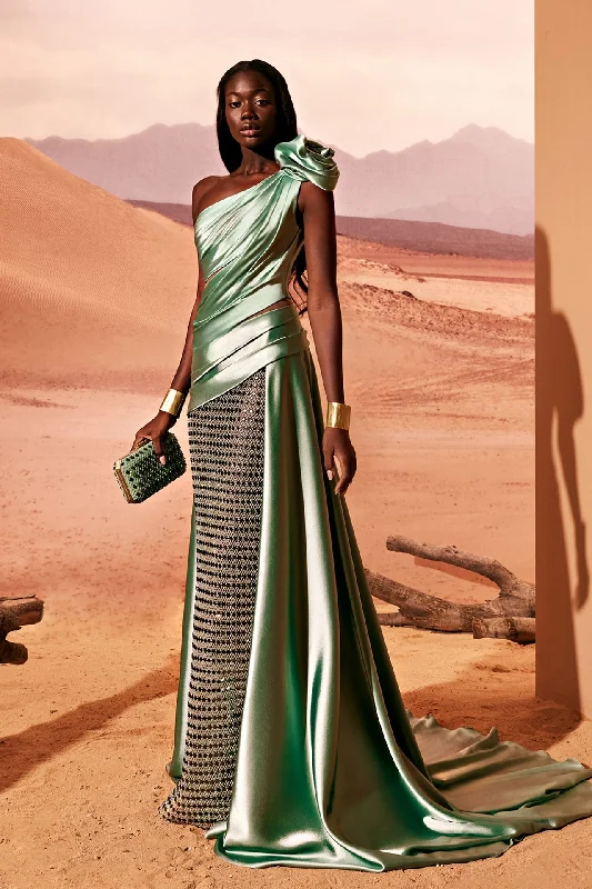 Satin draped dress with fully beaded skirt