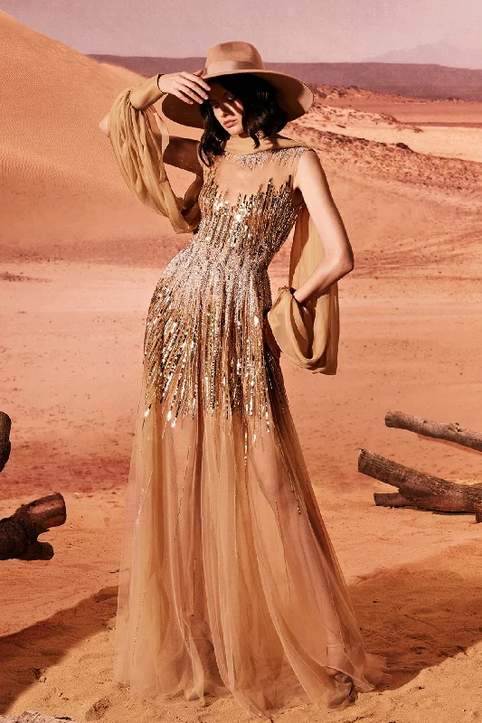 Semi sheer tulle dress with sequins and embroidery