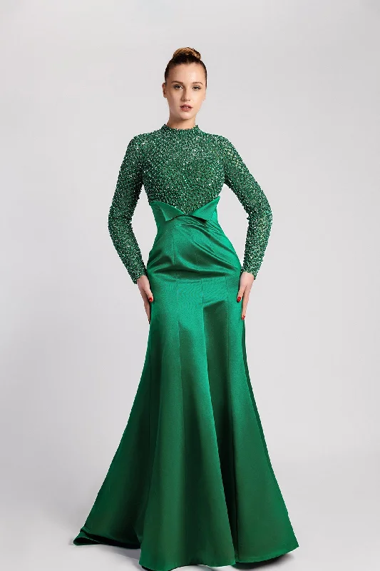 Sequined bodice satin gown