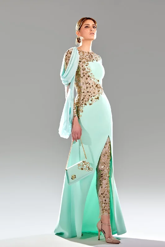 Side slit crepe dress with embroidery