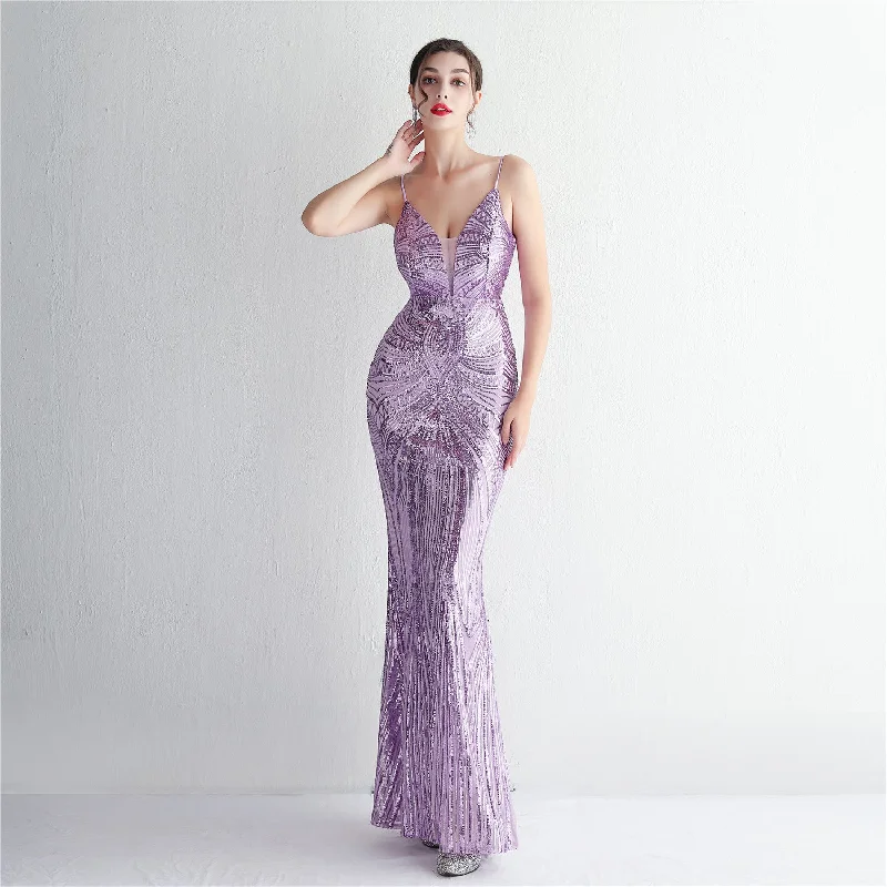 Spaghetti  straps V-Neck Art Deco sequin Mermaid Evening gown