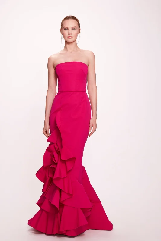 Strapless faille gown with hand draped rose