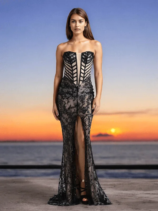 Strapless Sequin Lace Mermaid Dress Black