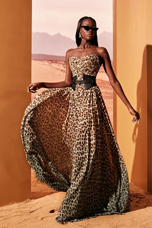 Strapless silk dress with leather belt