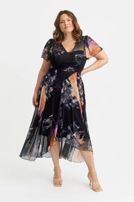 Tilly Abstract Print Angel Sleeve Sweetheart Dress
