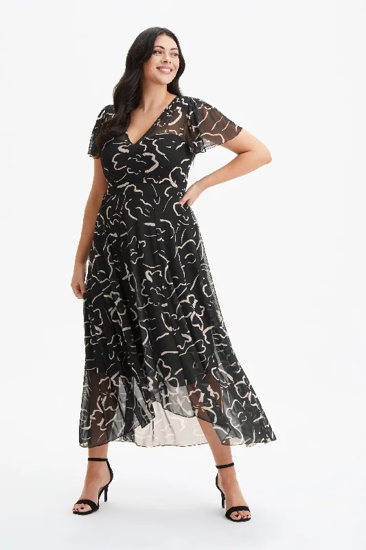 Tilly Black Ecru Print Angel Sleeve Sweetheart Dress