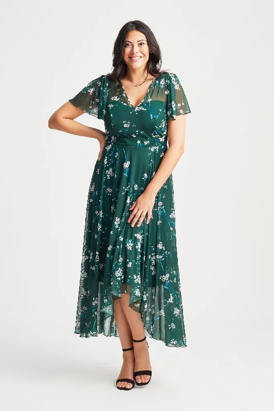 Tilly Green Blush Print Angel Sleeve Sweetheart Dress