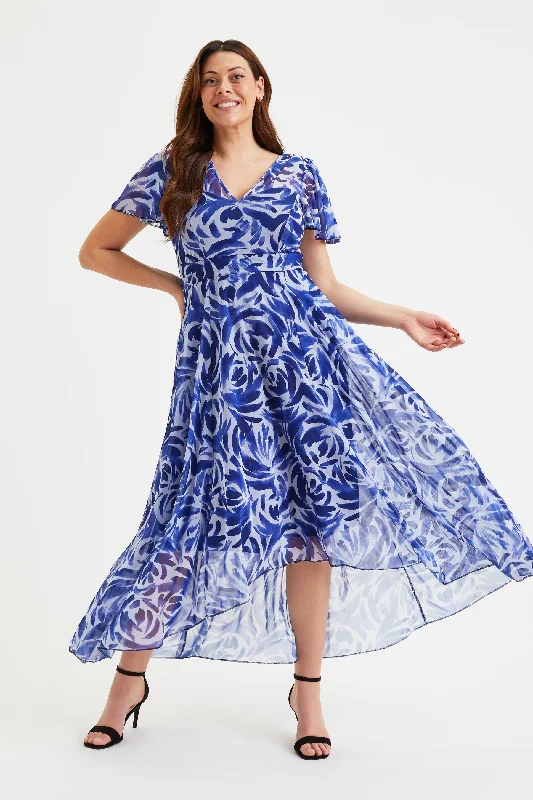 Tilly Navy Batique Print Angel Sleeve Sweetheart Dress