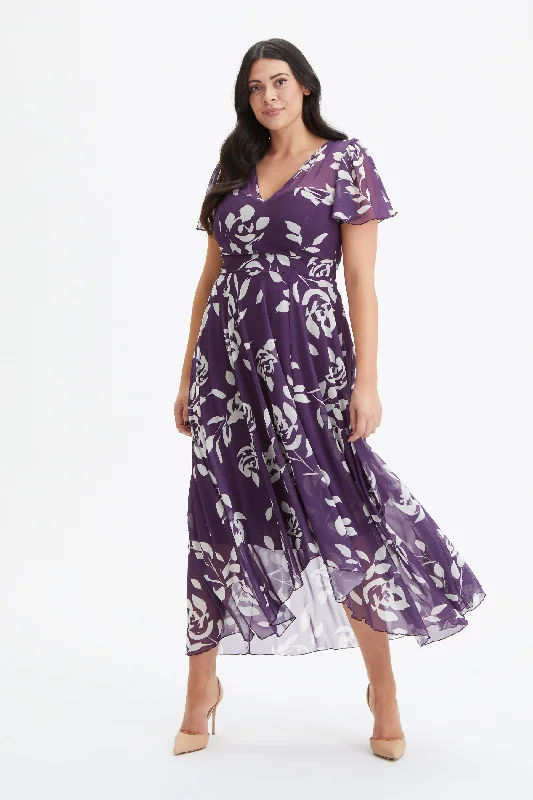 Tilly Purple Ivory Print Angel Sleeve Sweetheart Dress