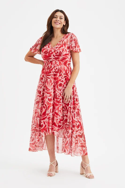 Tilly Red Batique Print Angel Sleeve Sweetheart Dress