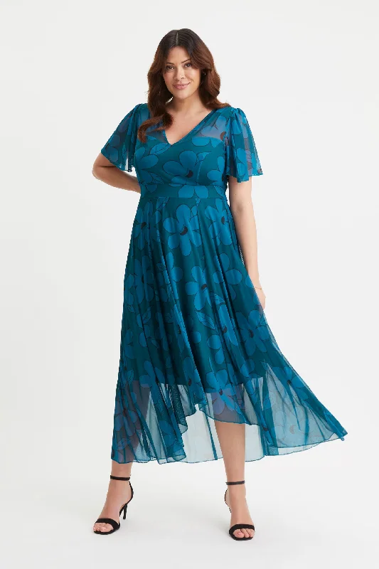 Tilly Teal Flower Print Angel Sleeve Sweetheart Dress