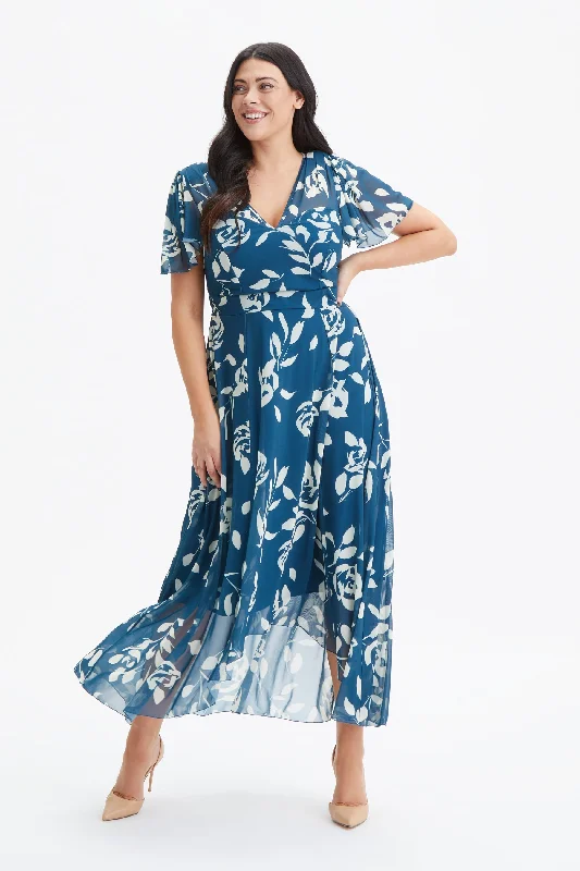 Tilly Teal Ivory Print Angel Sleeve Sweetheart Dress