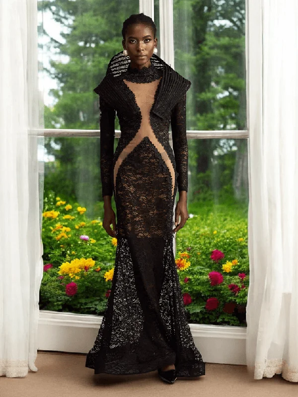 Tora Mesh Long-Sleeve Fishtail Gown