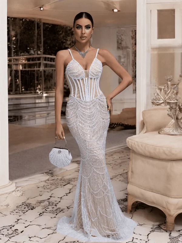 V Neck Sleevless Pearl Design Spaghetti Strap Gown